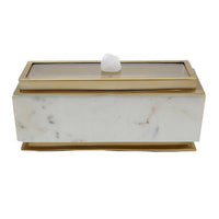 14 Inch White Marble Lidded Box, Glass Lid and Natural Stone, Gold Tone - BM286100