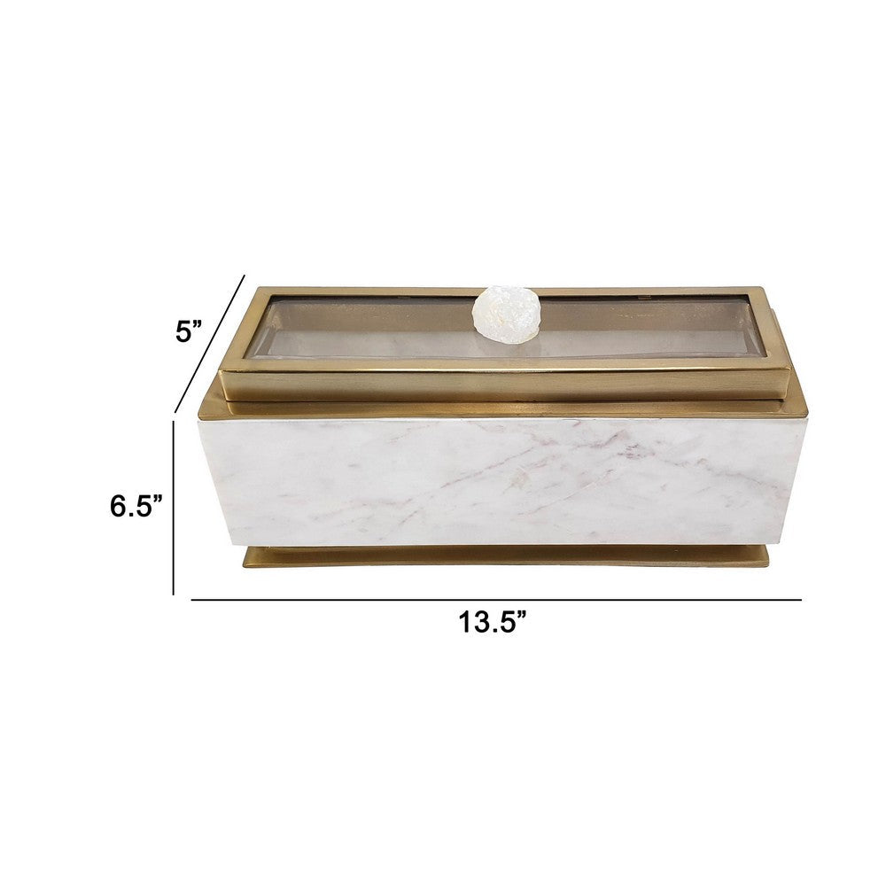 14 Inch White Marble Lidded Box, Glass Lid and Natural Stone, Gold Tone - BM286100