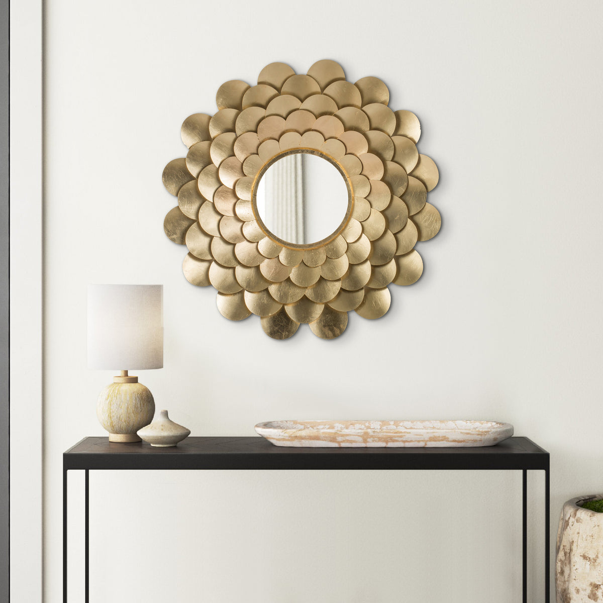 32 Inch Round Wall Mount Mirror, Blooming Flower Decor, Gold Finished Iron - BM286104