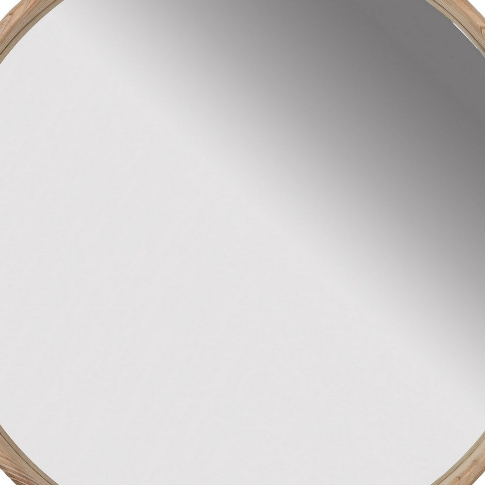 28 Inch Round Wall Mount Accent Mirror, Natural Fir Wood with Subtle Grains - BM286105