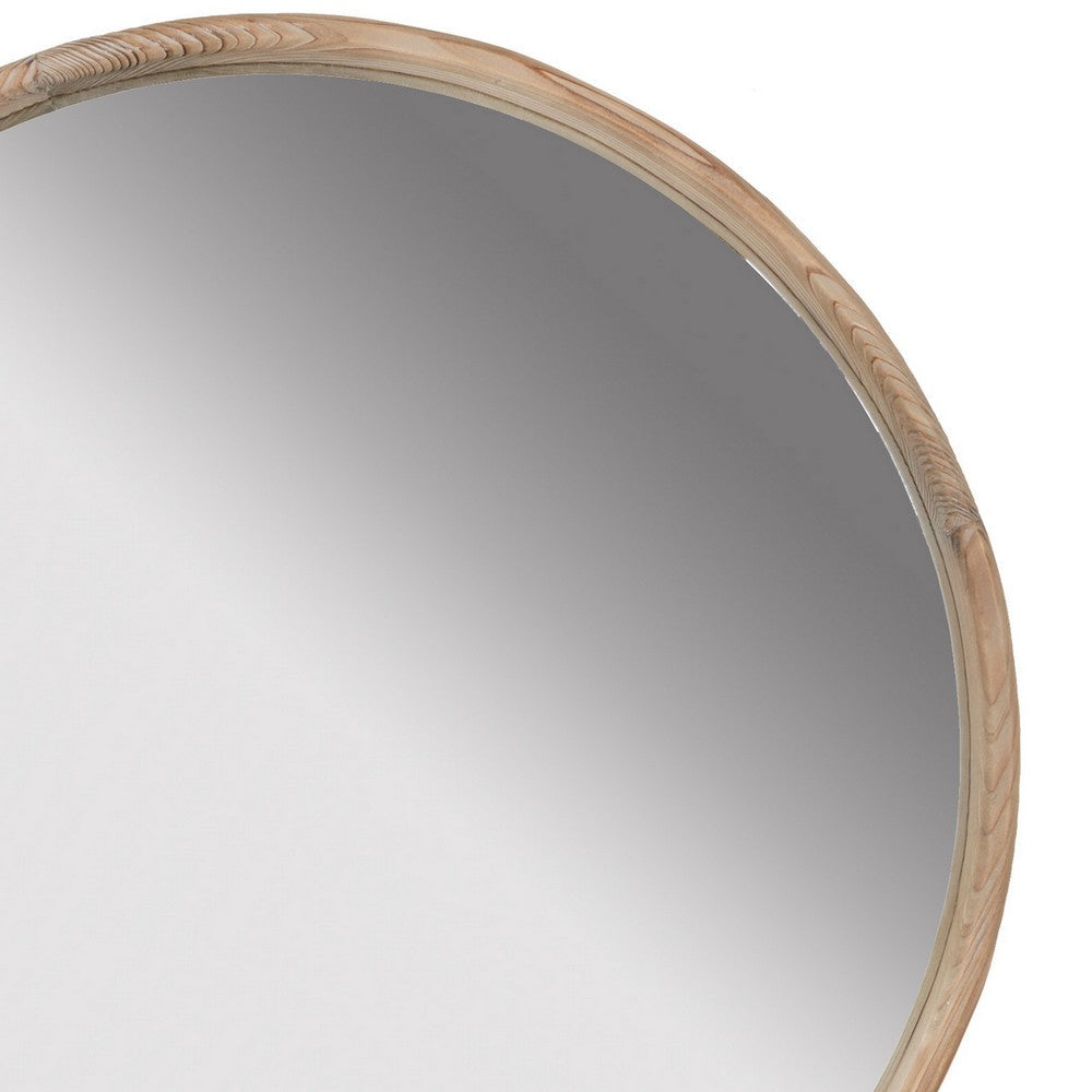 28 Inch Round Wall Mount Accent Mirror, Natural Fir Wood with Subtle Grains - BM286105