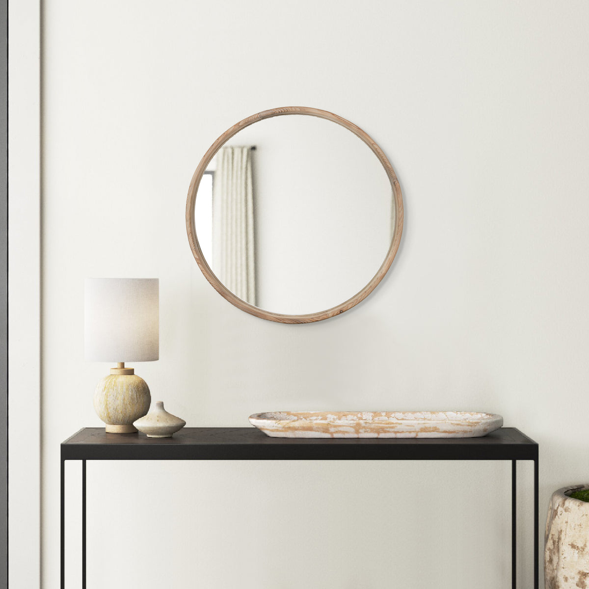 28 Inch Round Wall Mount Accent Mirror, Natural Fir Wood with Subtle Grains - BM286105