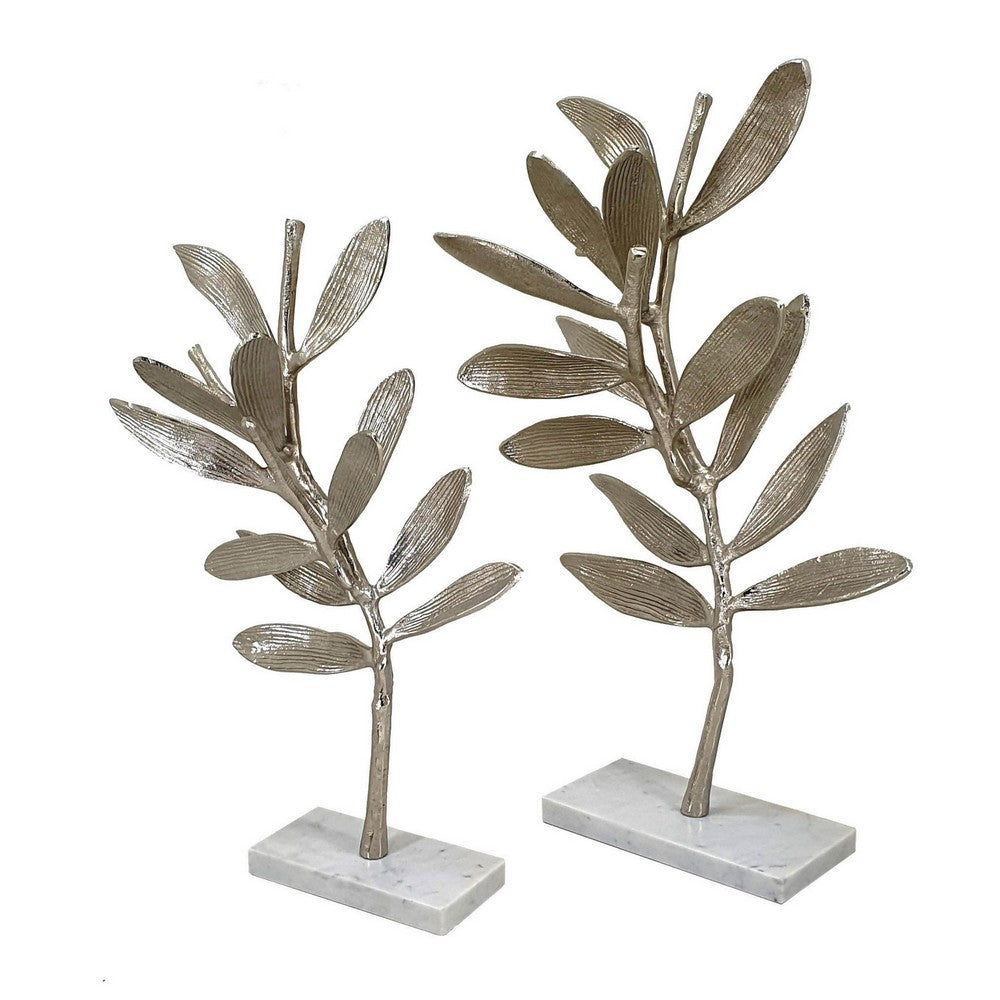 28, 23 Inch Set of 2 Metal Statuettess, Decorative Accent Olive Tree, White - BM286108