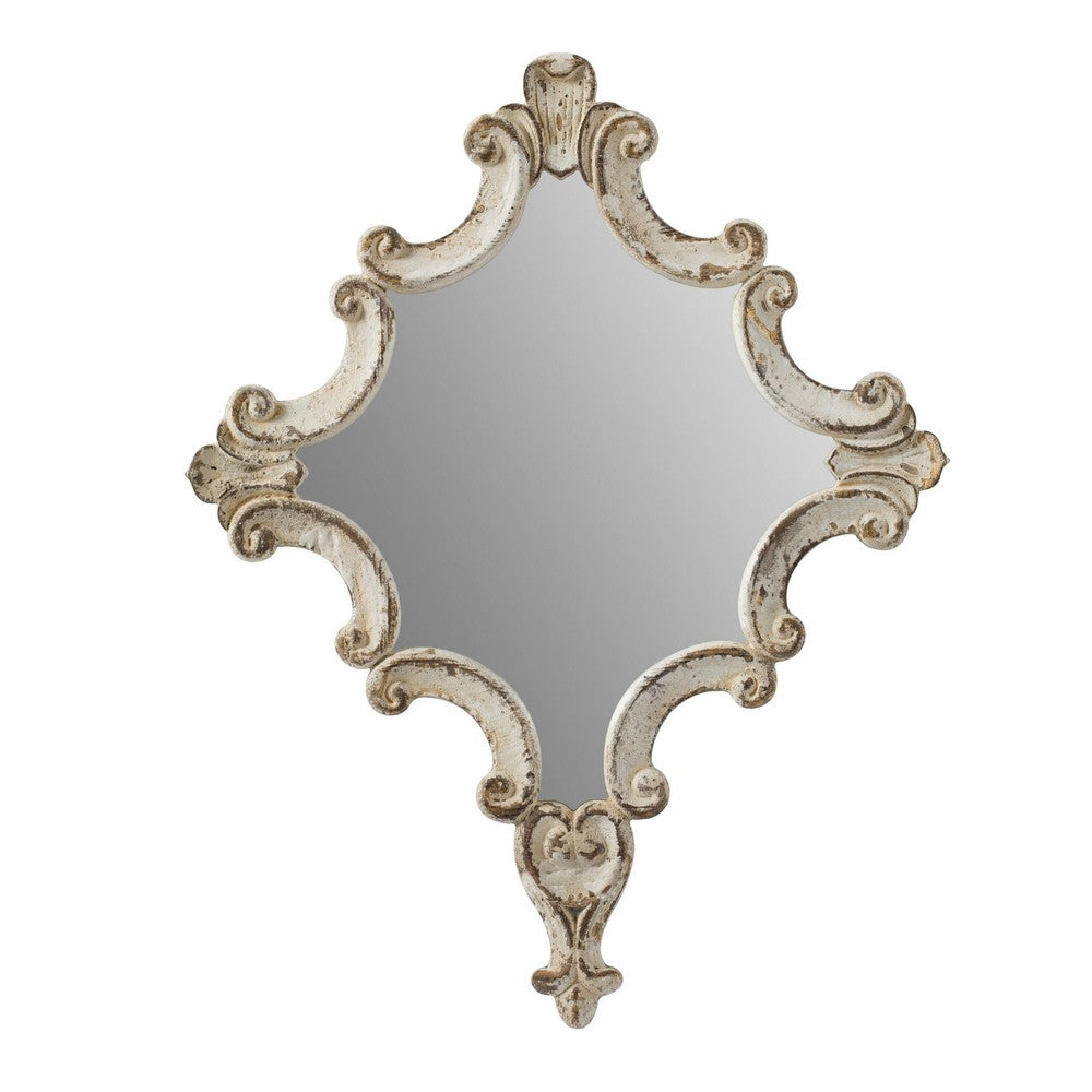 30 Inch Accent Wall Mirror, Carved Ornate Scrollwork Antique White Fir Wood - BM286109