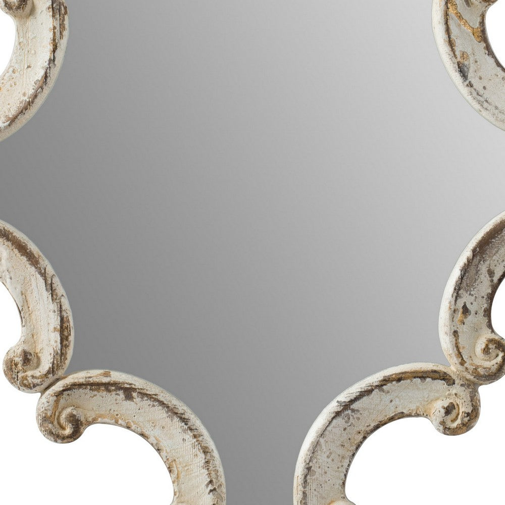 30 Inch Accent Wall Mirror, Carved Ornate Scrollwork Antique White Fir Wood - BM286109