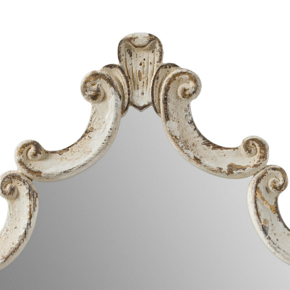 30 Inch Accent Wall Mirror, Carved Ornate Scrollwork Antique White Fir Wood - BM286109