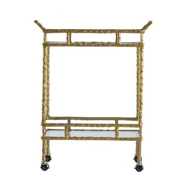 30 Inch 2 Tier Bar Cart, Aluminum Frame, Clear Glass Shelves, Antique Brass - BM286114
