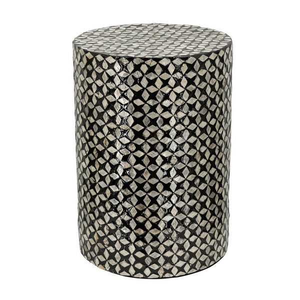 20 Inch Capiz Accent Stool Table, Cylindrical Geometric, Silver, Black - BM286115