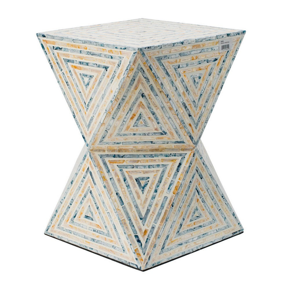20 Inch Capiz Accent Stool Table, Hourglass Triangular, Off White Ivory - BM286116