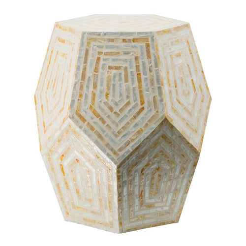 21 Inch Capiz Accent Stool Table, Hexagonal Drum, Angled Look, Beige White - BM286117
