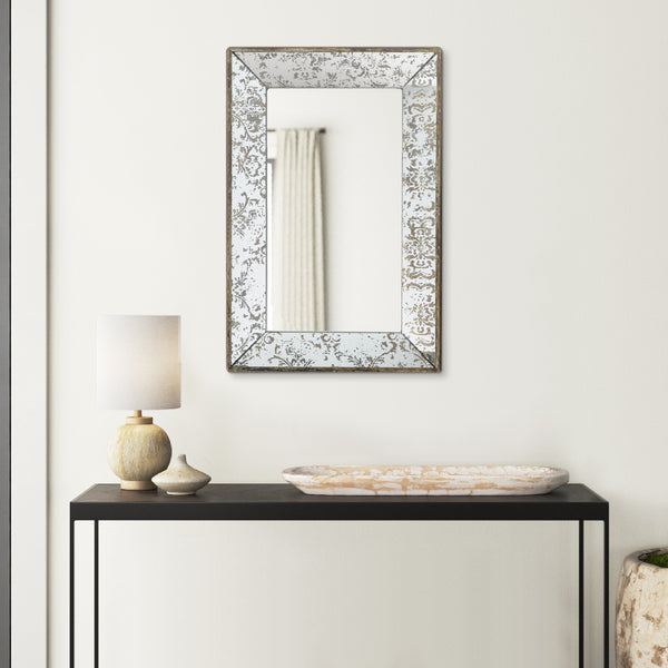 Rosa 16 x 24 Wall Mount Mirror, Brown Wood Frame with Abstract Gold Overlay - BM286121