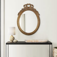 26 Inch Wall Accent Mirror with Ornate Polyresin Floral Crest, Antique Gold - BM286122