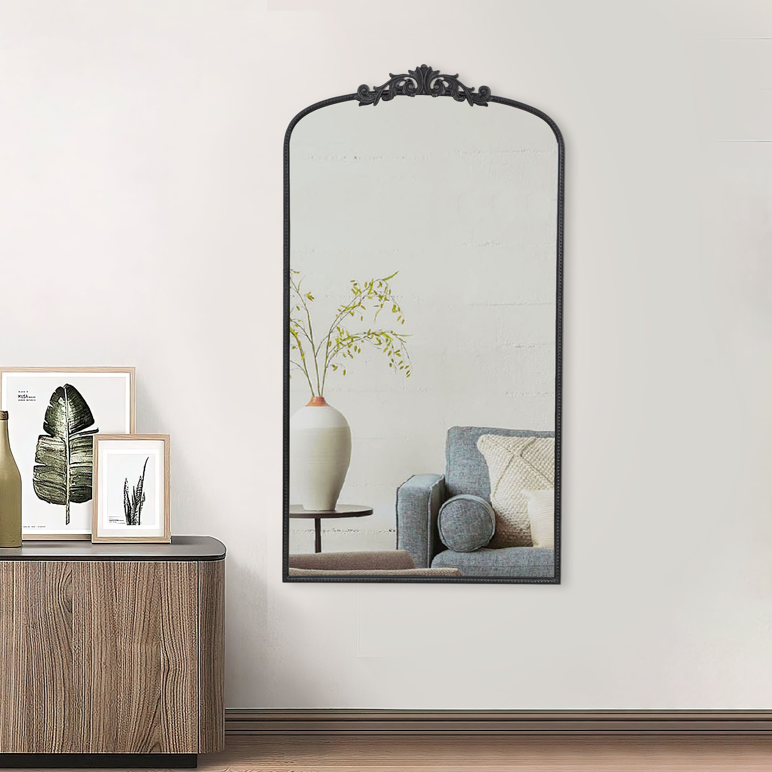 Benjara Kea 66 Inch Wall Mirror, Black Curved Metal Frame