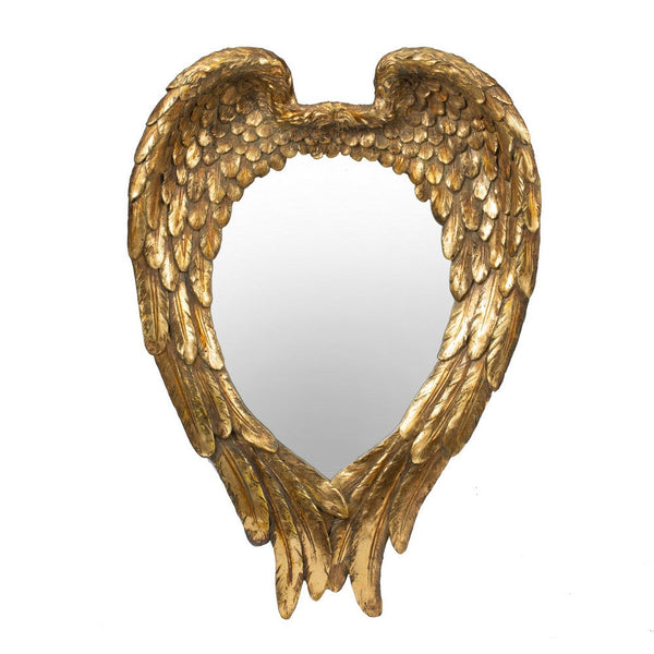 16 Inch Vintage Wall Mirror, Antique Gold Resin Frame, Heart Shaped Wings - BM286127