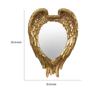 16 Inch Vintage Wall Mirror, Antique Gold Resin Frame, Heart Shaped Wings - BM286127
