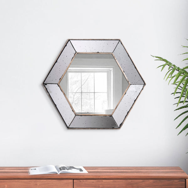 Filo 21 Inch Wall Accent Mirror, Raised Tray Edges, Hexagonal Mirror Frame - BM286130