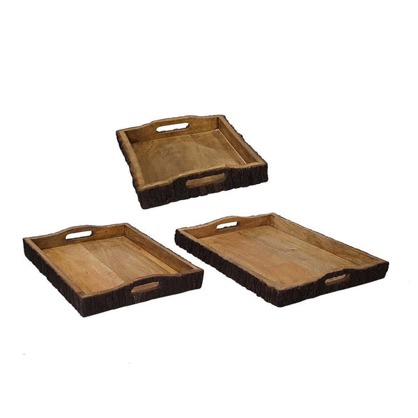 20, 18, 16 Inch Set of 3 Wood Serving Trays, Tree Bark Accent, Natural Brown - BM286134