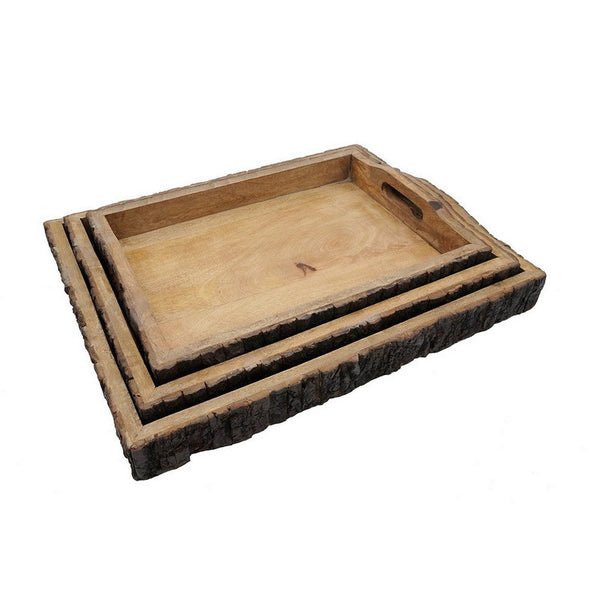 20, 18, 16 Inch Set of 3 Wood Serving Trays, Tree Bark Accent, Natural Brown - BM286134