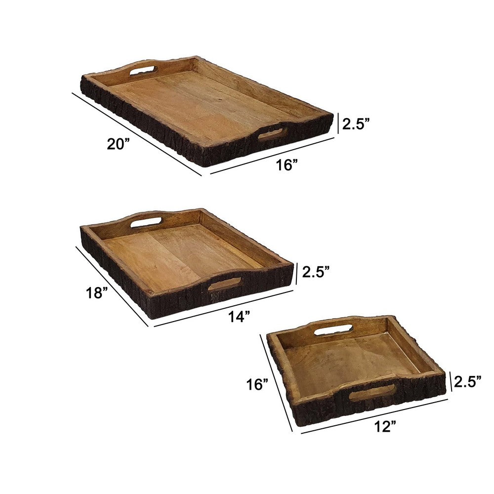 Benjara 20, 18, 16 Inch Set of 3 Wood Serving Trays, Tree Bark