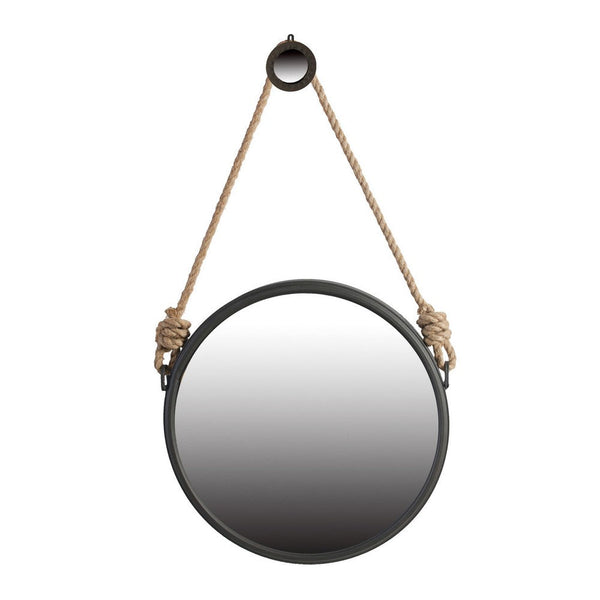 20 Inch Round Hanging Accent Wall Mirror, Black Iron Frame and Rope Hanger - BM286136