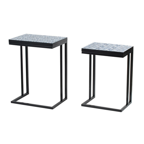 22, 24 Inch Nesting End Tables, Set of 2, Blue And White Pattern Top - BM286137