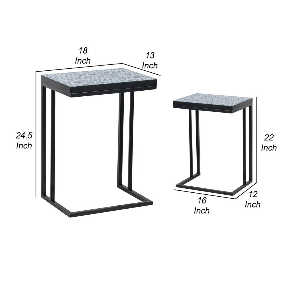 22, 24 Inch Nesting End Tables, Set of 2, Blue And White Pattern Top - BM286137