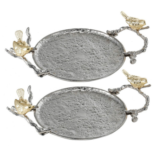 14 Inch Small Decorative Tray Set of 2, Perched Birds, Silver Metal Frame - BM286142