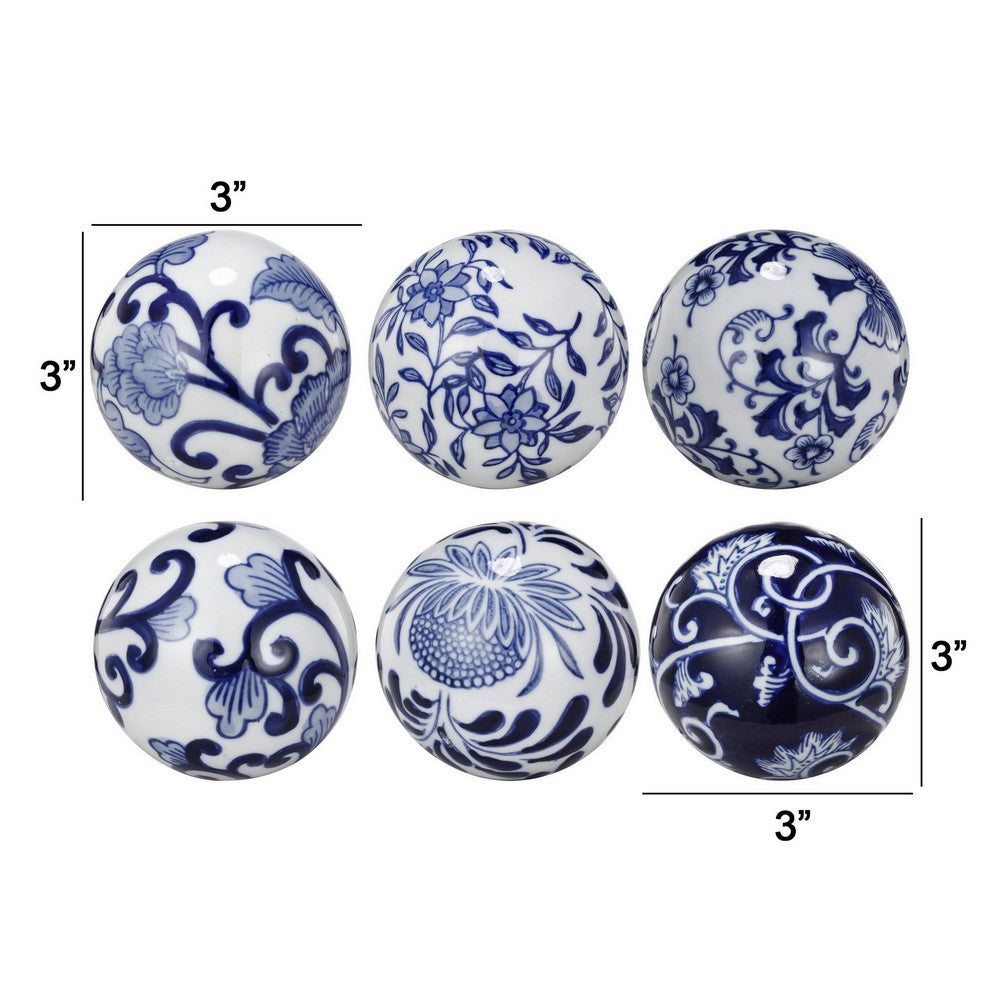 4 Inch Decorative Ball Set of 6 Orbs, Blue And White Printed Porcelain - BM286144