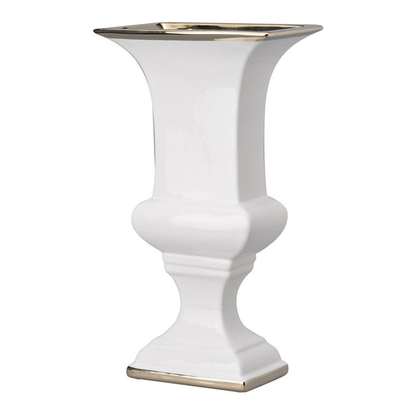 14 Inch Decorative Ceramic Vase, Artistic Turned Urn, White and Gold Rim - BM286151