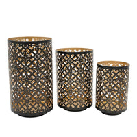 Set of 3 Lantern Candle Holders, Moroccan Lattice, Gold, Black Metal Frames - BM286153