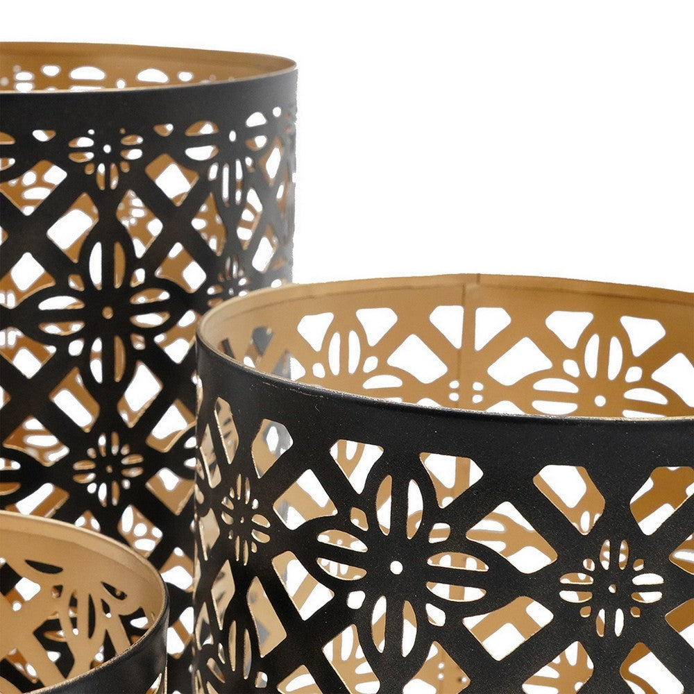 Set of 3 Lantern Candle Holders, Moroccan Lattice, Gold, Black Metal Frames - BM286153