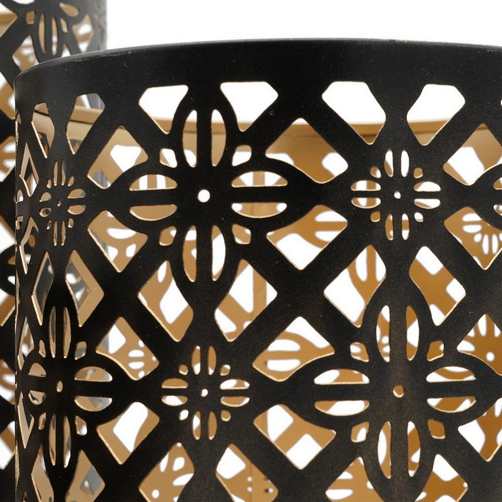 Set of 3 Lantern Candle Holders, Moroccan Lattice, Gold, Black Metal Frames - BM286153