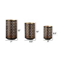 Set of 3 Lantern Candle Holders, Moroccan Lattice, Gold, Black Metal Frames - BM286153