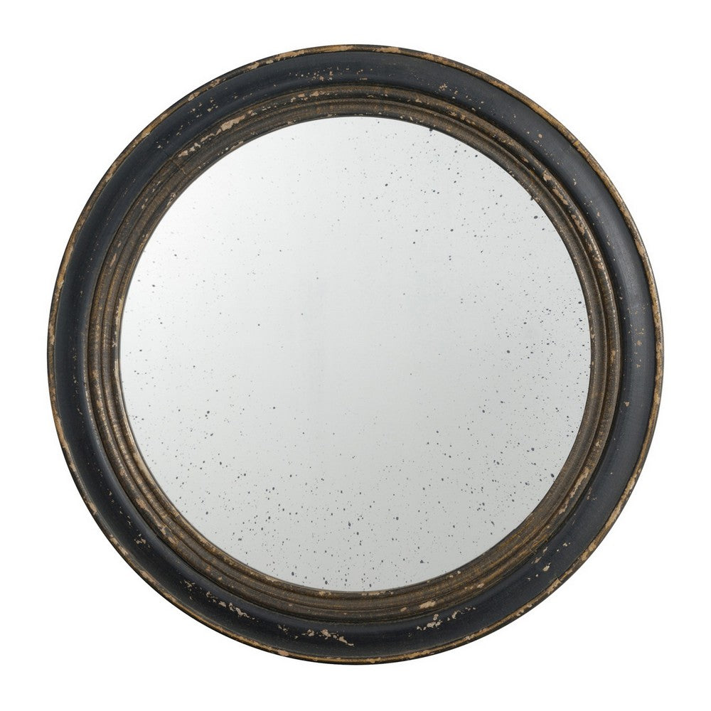 24 Inch Round Wall Mount Mirror, Molded Trim Wood Frame, Distressed Brown - BM286156