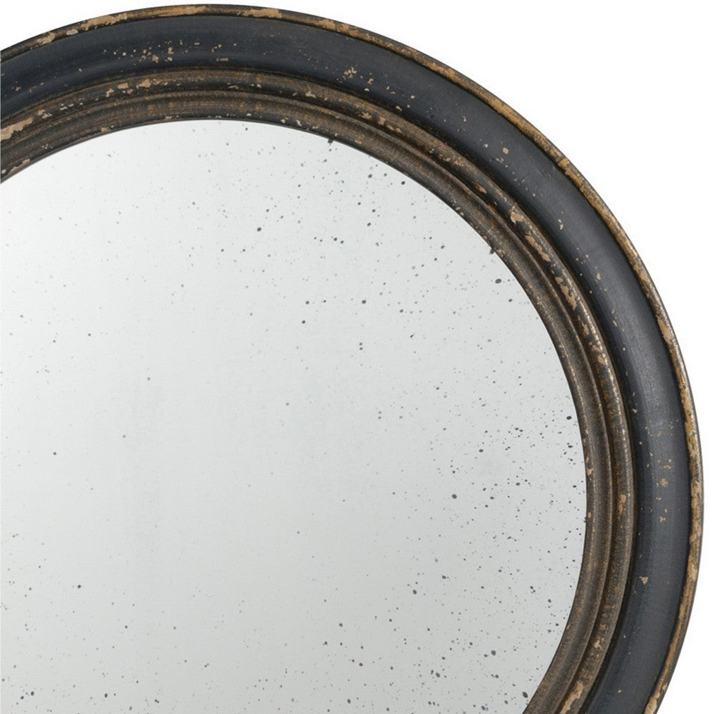 24 Inch Round Wall Mount Mirror, Molded Trim Wood Frame, Distressed Brown - BM286156