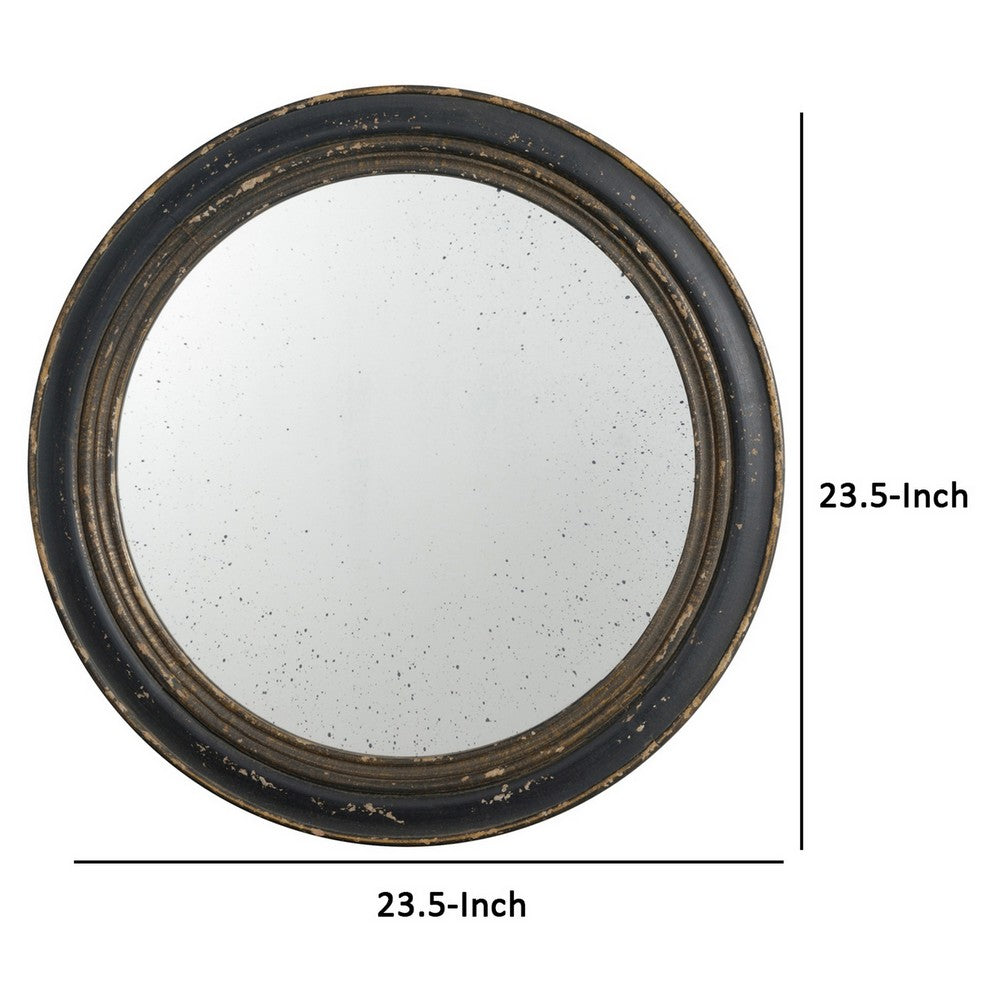 24 Inch Round Wall Mount Mirror, Molded Trim Wood Frame, Distressed Brown - BM286156