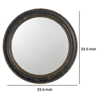 24 Inch Round Wall Mount Mirror, Molded Trim Wood Frame, Distressed Brown - BM286156