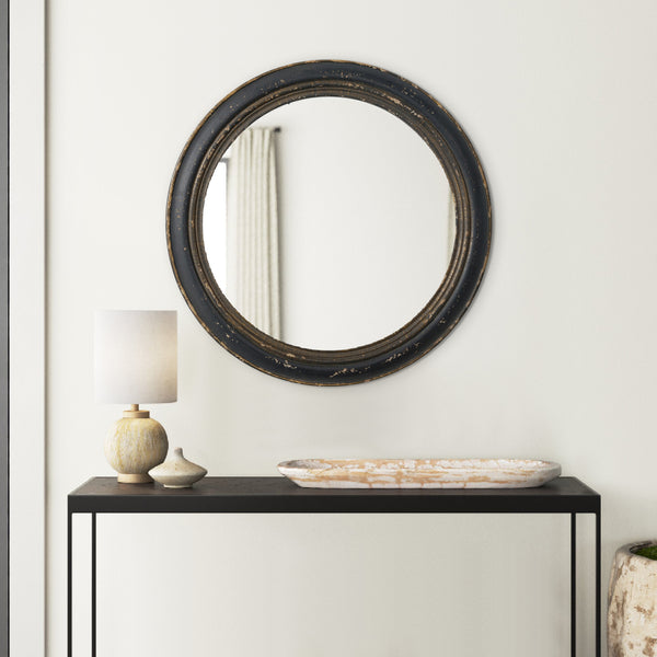 24 Inch Round Wall Mount Mirror, Molded Trim Wood Frame, Distressed Brown - BM286156