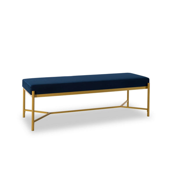 Lola 55 Inch Long Bench with Metal Frame and Padded Seat, Navy Blue Velvet - BM286204