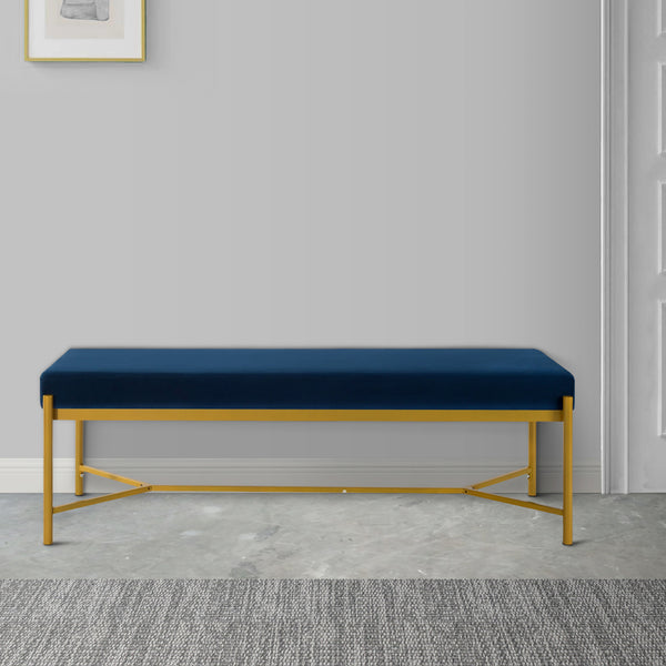 Lola 55 Inch Long Bench with Metal Frame and Padded Seat, Navy Blue Velvet - BM286204