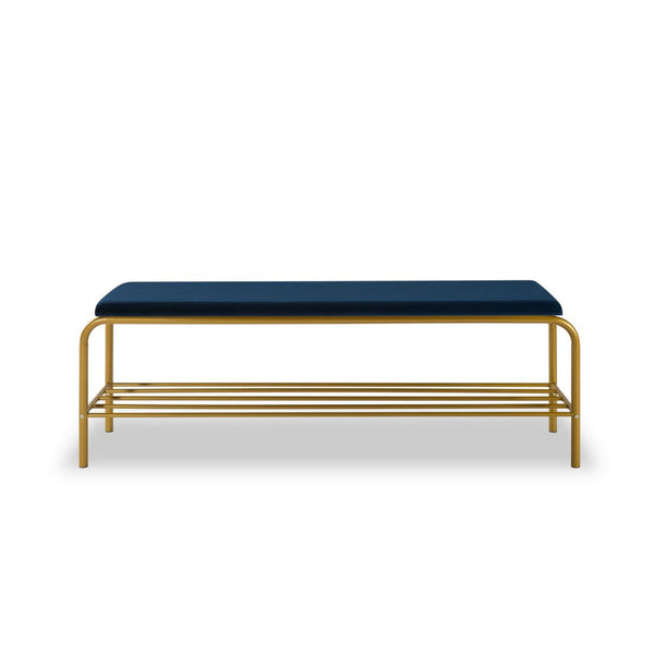 Kipp 55 Inch Shoe Rack Bench, Gold Metal Frame Shelf, Blue Velvet Seat - BM286209