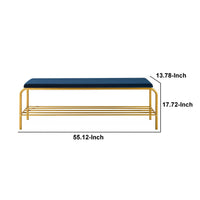 Kipp 55 Inch Shoe Rack Bench, Gold Metal Frame Shelf, Blue Velvet Seat - BM286209