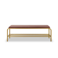 Kipp 55 Inch Shoe Rack Bench, Gold Metal Frame Shelf, Pink Velvet Seat - BM286210