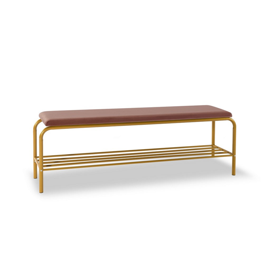 Kipp 55 Inch Shoe Rack Bench, Gold Metal Frame Shelf, Pink Velvet Seat - BM286210