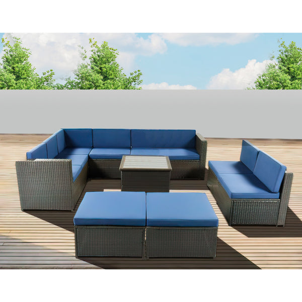Loya 9 Piece Patio Sectional Sofa Set with Coffee Table, Rattan Frame, Blue - BM286226