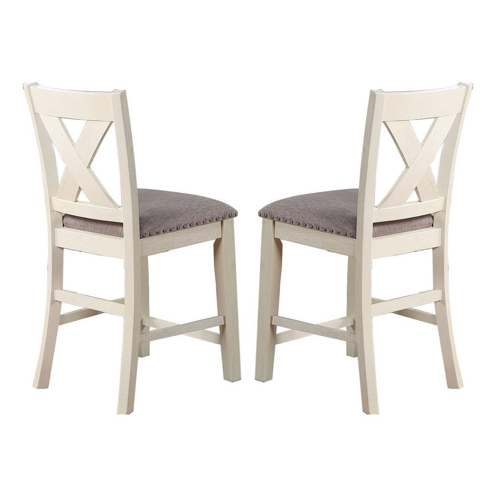 Joss 40 Inch Cottage Wood Counter Height Chair, Set of 2, Gray Seat, Cream - BM286287