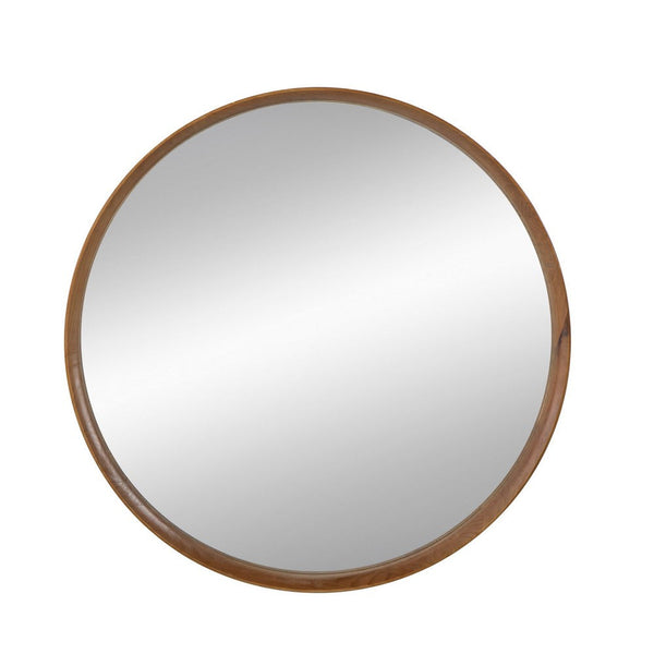 Roe 40 Inch Round Accent Mirror, Brown Pine Wood Frame, Wall Hung - BM286302