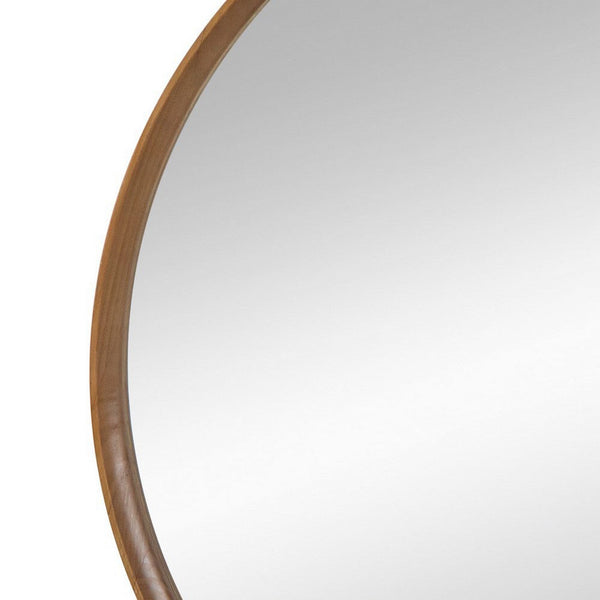 Roe 40 Inch Round Accent Mirror, Brown Pine Wood Frame, Wall Hung - BM286302