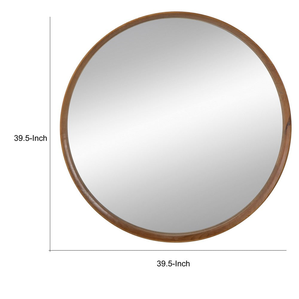 Roe 40 Inch Round Accent Mirror, Brown Pine Wood Frame, Wall Hung - BM286302