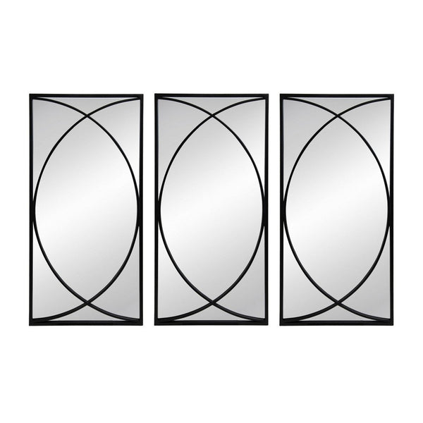 32 Inch 3 Piece Wall Mirror, Concentric Circles, Stylish Black Metal Frame - BM286307